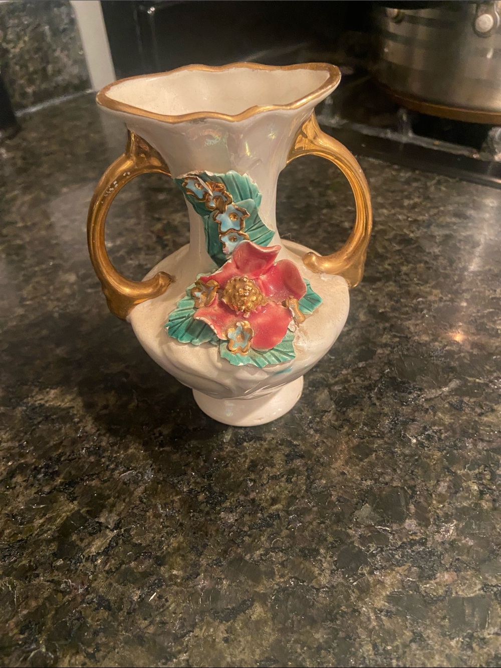Porcelain Floral Double-Handle Vase with Gold Accents - White and Coral